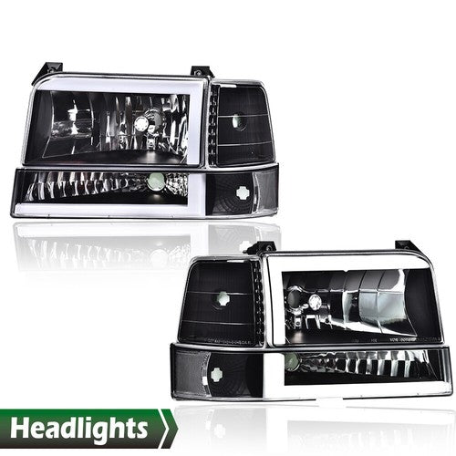 Solid Spare Fit For 92-96 Ford F150 F250 F350 Bronco Clear/Black LED DRL Headlights