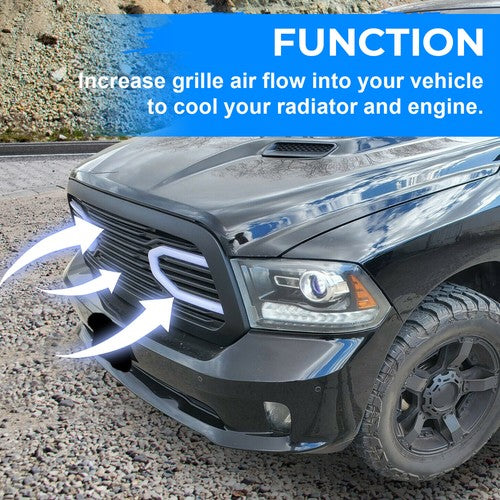 Solid Spare Front Upper Big Horn Black Grille Shell With Light For 2013-2018 Dodge Ram 1500