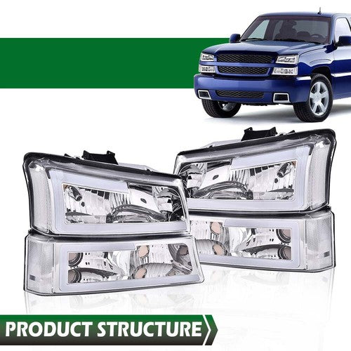 Solid Spare Fit For 03-06 Chevy Silverado Avalanche LED DRL Clear Headlights+Fog Lights