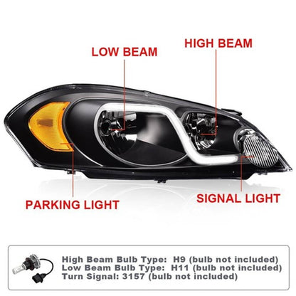 Solid Spare Fit For 06-16 Chevy Impala(Limited)LED DRL Headlights Black Housing Amber Corner