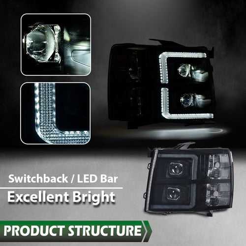 Solid Spare Fit For 2007-2013 Chevy Silverado Smoked Dual LED DRL Strip Projector Headlights