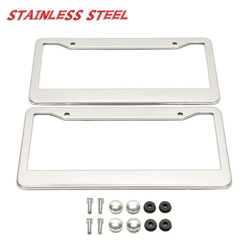 Solid Spare 2PCS Chrome Stainless Steel Metal License Plate Frame Tag Cover With Screw Caps