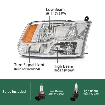 Solid Spare Fit For 09-18 Ram 1500 2500 3500 Amber Corner Chrome Headlight w/ Bulb Right