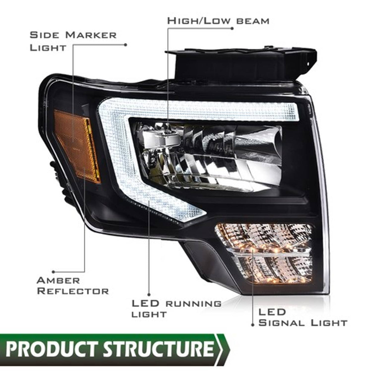 Solid Spare Headlights Fit For 2009-2014 Ford F-150 Black/Clear LED DRL Head Lamps Pair