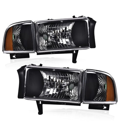 Solid Spare Amber Corner Black Headlights Assembly Fit For 94-02 Dodge Ram 1500 2500 3500