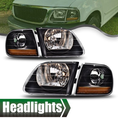 Solid Spare Fit For 97-03 Ford F150/99-02 Expedition Black Headlights+Corner Lights Pair