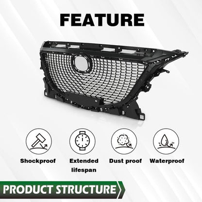 Solid Spare Fit For 14-16 Mazda 3 Front Bumper Upper Diamond Grille Grill Black Chrome
