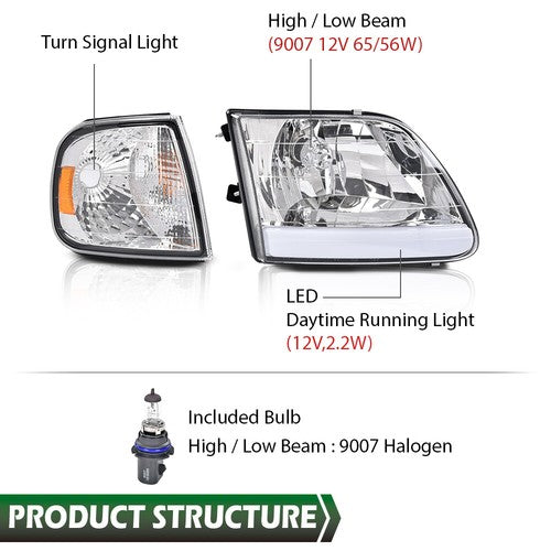 Solid Spare Fit For 97-2004 F-150 Expedition Chrome/Clear LED DRL Headlights & Corner Lights