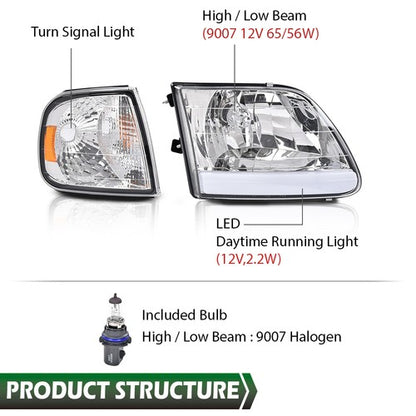 Solid Spare Fit For 97-2004 F-150 Expedition Chrome/Clear LED DRL Headlights & Corner Lights