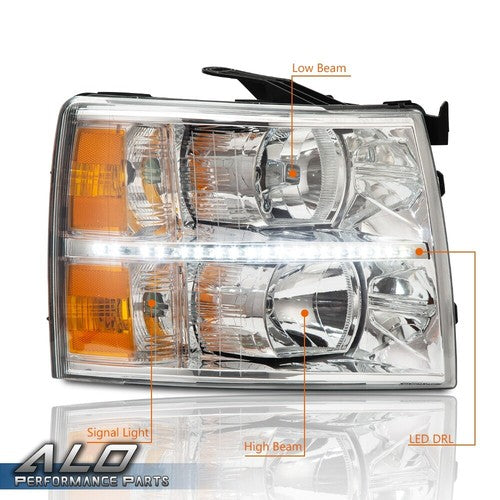 Solid Spare FIT FOR 07-14 CHEVY SILVERADO LED LIGHT DRL CHROME/AMBER CORNER HEADLIGHT
