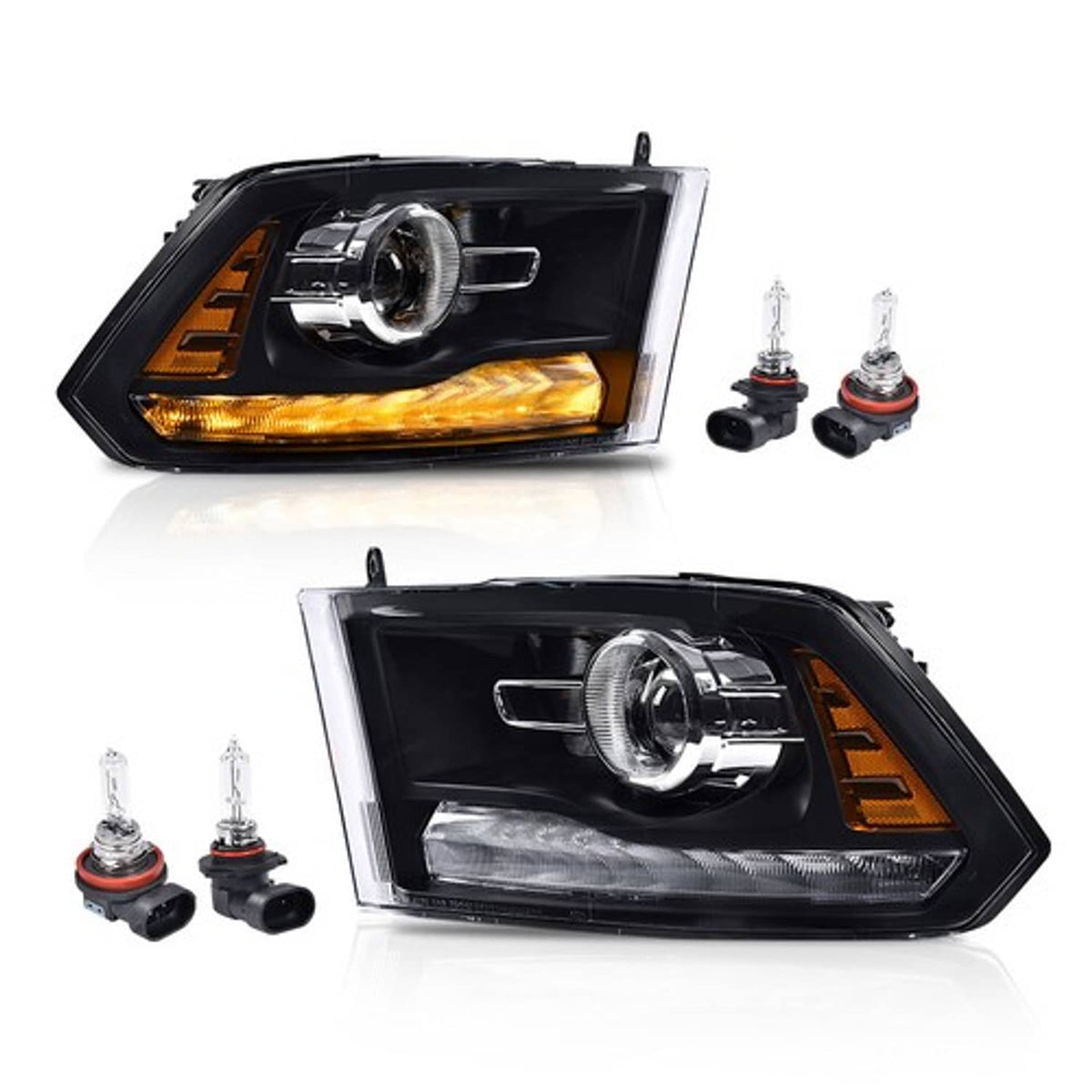 Solid Spare Fit For 2009-2018 Dodge Ram 1500 2500 3500 Black Projector Headlights w/ LED DRL