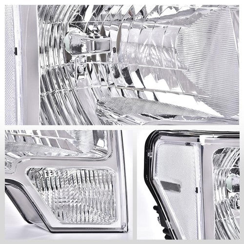Solid Spare FIT FOR 2009-2014 FORD F150 CLEAR LENS CHROME HOUSING HEADLIGHTS LAMPS LH+RH