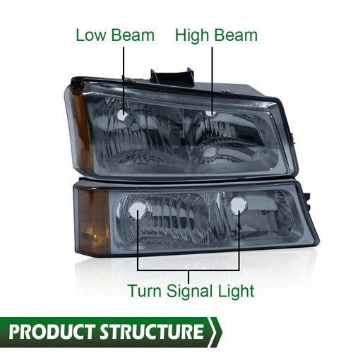 Solid Spare Fit For 2003-2007 Chevy Silverado Avalanche Headlights+Signal Bumper Lamps Smoke