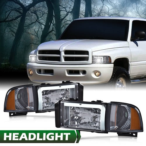 Solid Spare Fit For 1994-2002 Dodge Ram 1500 2500 3500 Smoke/Amber LED Tube Headlights