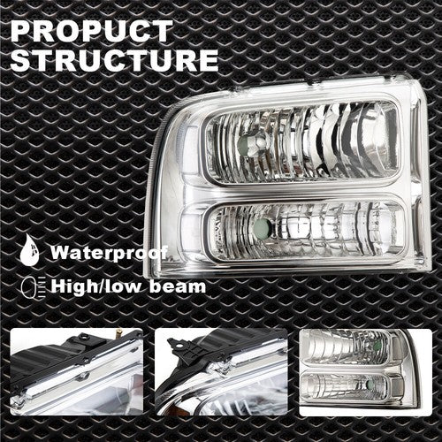 Solid Spare Clear Corner Chrome Headlights Fit For 2005-2007 Ford F-250 F-350 Super Duty