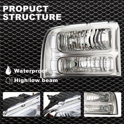Solid Spare Clear Corner Chrome Headlights Fit For 2005-2007 Ford F-250 F-350 Super Duty