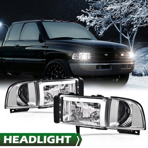 Solid Spare Fit For 94-02 Dodge Ram 1500 2500 3500 LED Headlights Corner Signal Lamps Chrome