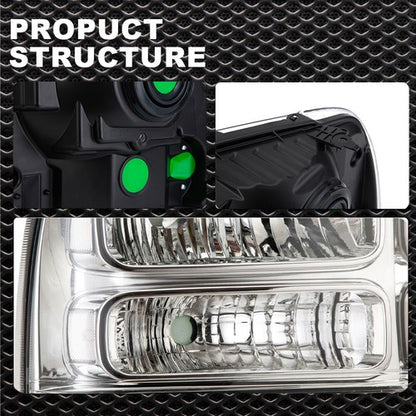 Solid Spare Clear Corner Chrome Headlights Fit For 2005-2007 Ford F-250 F-350 Super Duty