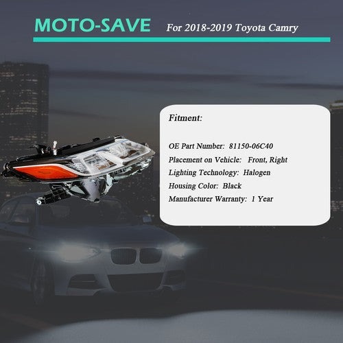 Solid Spare Black Housing Headlight Lamp Passenger RH Side For Toyota Camry L/Le/Se 2018-19