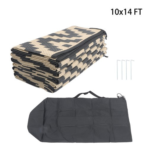 Solid Spare 10x14 ft Outdoor Plastic Straw Rug For Camping Outdoor Carpet Black & Beige