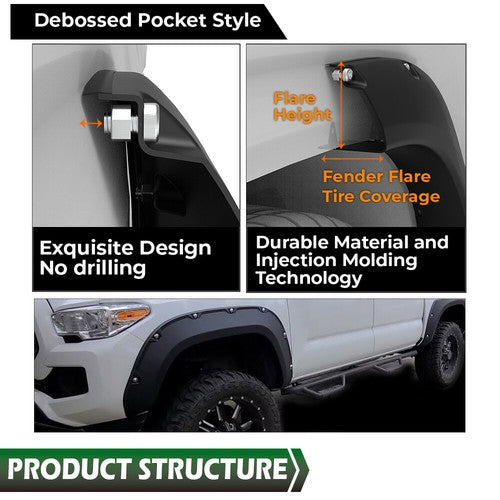 Solid Spare 4pcs Pocket Rivet Style Wheel Fender Flares Fit For 2016-2022 Toyota Tacoma