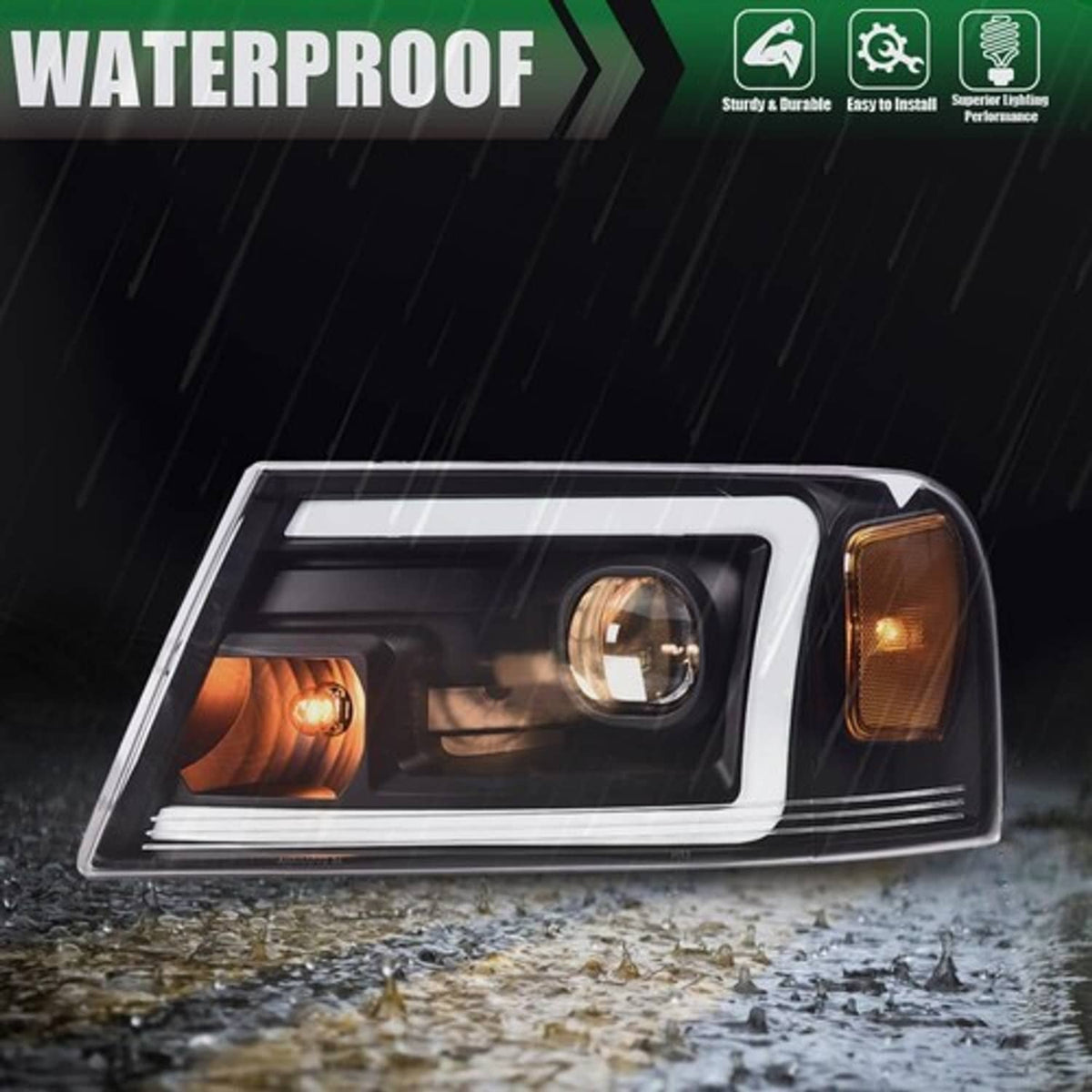 Solid Spare Projector LED DRL Headlights Assembly For 2004-2008 Ford F150 F-150 Headlamps