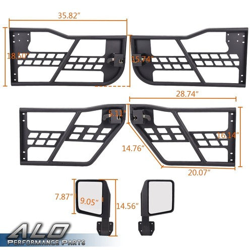 Solid Spare Fit For 07-18 Jeep Wrangler JK 4 Door Iron Tube Doors & Side View Mirrors Black
