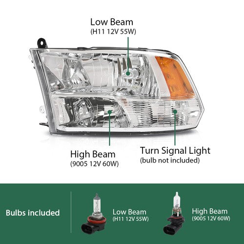 Solid Spare Fit For 09-18 Ram 1500 2500 3500 Amber Corner Chrome Headlight w/ Bulb Left