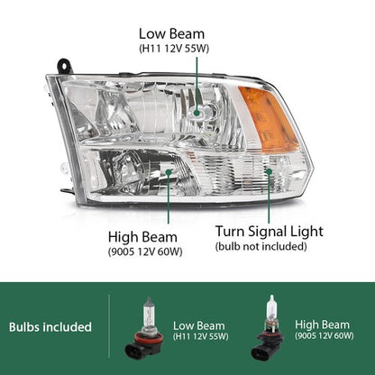 Solid Spare Fit For 09-18 Ram 1500 2500 3500 Amber Corner Chrome Headlight w/ Bulb Left