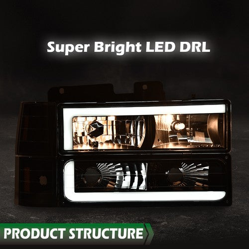 Solid Spare Fit For 94-00 Chevy GMC C/K Suburban LED Tube DRL Headlights Headlamps Black