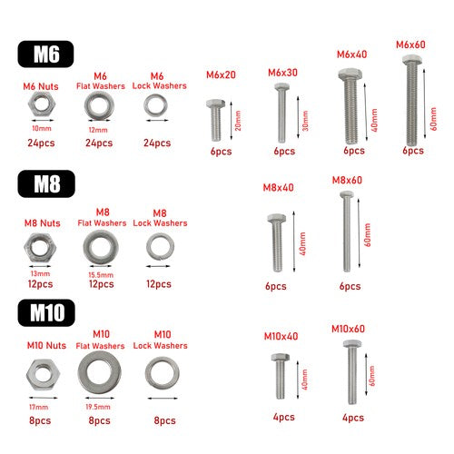 Solid Spare 176 Pack Stainless Steel M6 M8 M10 Bolts and Nuts Flat Washers Combination Kit