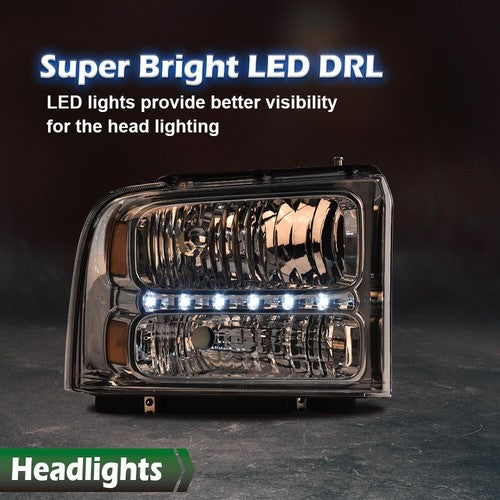Solid Spare Fit For 05-07 Ford F250 F350 F450 F550 Super Duty LED DRL Headlights Chrome