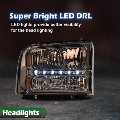 Solid Spare Fit For 05-07 Ford F250 F350 F450 F550 Super Duty LED DRL Headlights Chrome