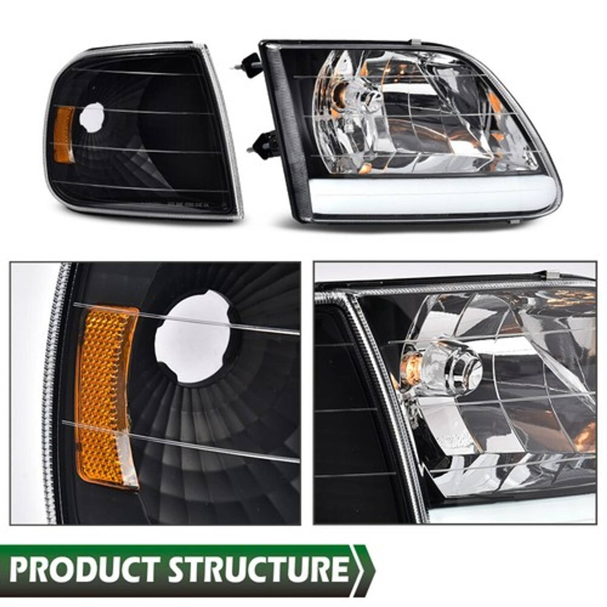 Solid Spare Fit For 97-03 Ford F150/99-02 Expedition LED Tube Headlights+Corner Lights Black