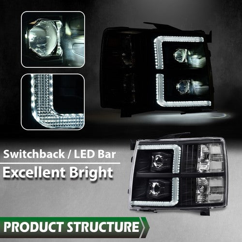 Solid Spare Fit For 07-13 Chevy Silverado 1500/2500/3500 LED Projector Headlights Black