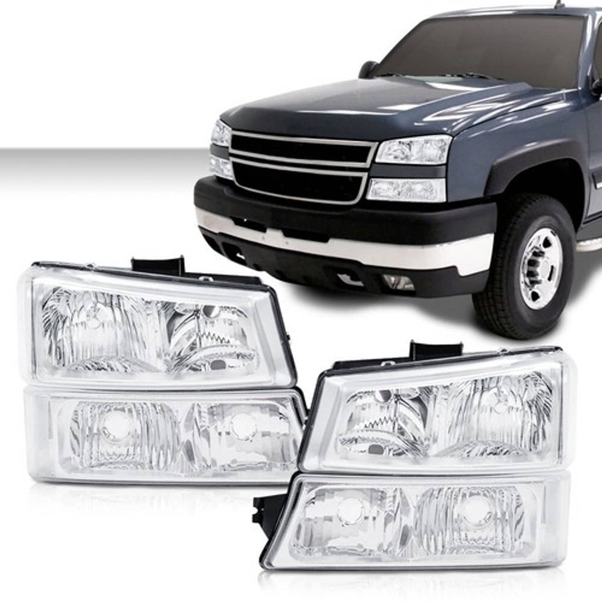 Solid Spare Fit For 03-06 Silverado Chrome Clear Corner Headlights + Signal Bumper Lamps