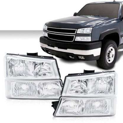 Solid Spare Fit For 03-06 Silverado Chrome Clear Corner Headlights + Signal Bumper Lamps