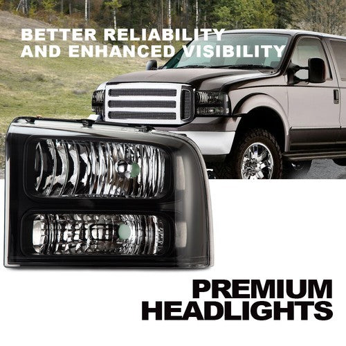 Solid Spare FOR 05-07 FORD F250 F350 SUPER DUTY BLACK HOUSING CLEAR CORNER HEADLIGHT LAMPS