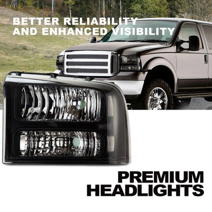 Solid Spare FOR 05-07 FORD F250 F350 SUPER DUTY BLACK HOUSING CLEAR CORNER HEADLIGHT LAMPS