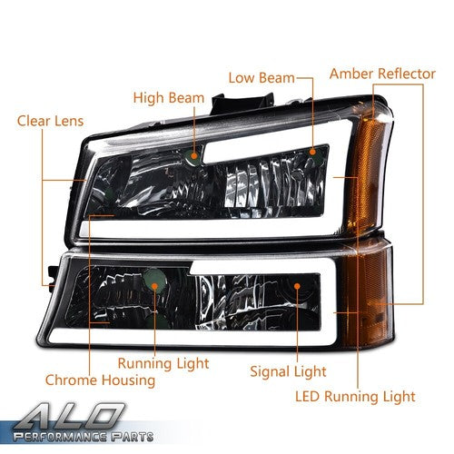 Solid Spare FIT FOR 2003-2007 CHEVY SILVERADO CHROME/AMBER LED DRL HEADLIGHT + TAIL LIGHTS