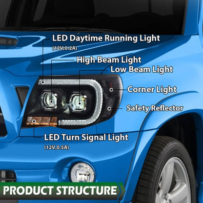 Solid Spare Fit For 2005-2011 Toyota Tacoma Clear Lens Black Dual LED Projector Headlights