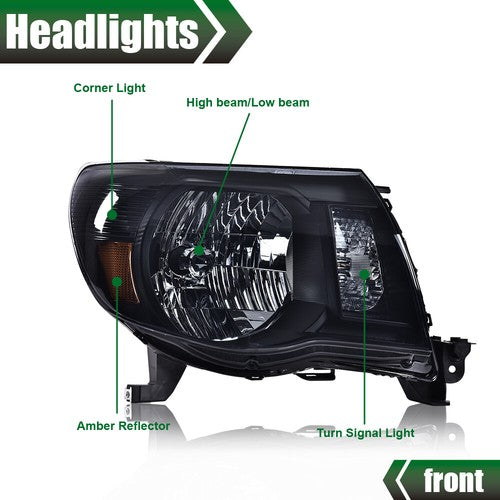 Solid Spare Fit For 05-11 Toyota Tacoma Amber Corner Black Headlights Left+Right Side