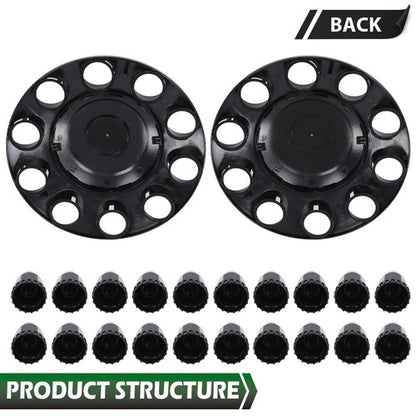 Solid Spare Black Front Axle Wheel Cover w/ Hub Cap 33mm Lug Nuts For Semi Truck Set of 2