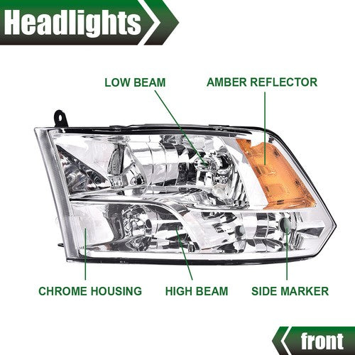 Solid Spare Chrome Quad Amber Headlights For 2009-2018 Dodge Ram 1500 2500 3500 Headlamps