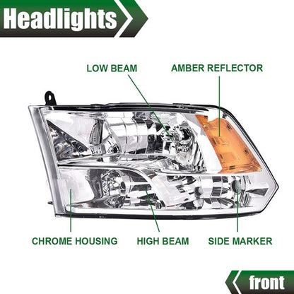 Solid Spare Chrome Quad Amber Headlights For 2009-2018 Dodge Ram 1500 2500 3500 Headlamps