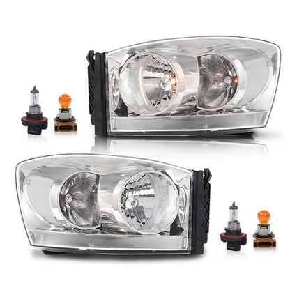 Solid Spare Clear Chrome Headlights Fit For 06-08 Dodge Ram 1500/2006-09 Ram 2500 3500