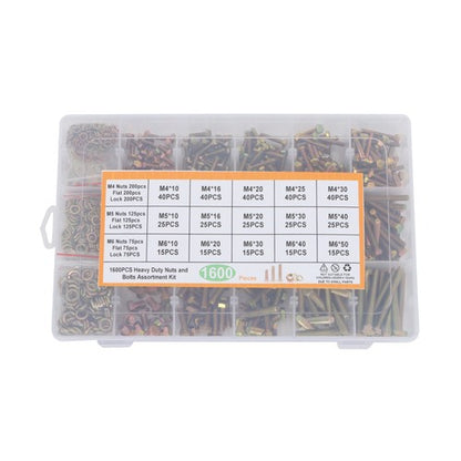 Solid Spare M4 M6 M5 1600PCS Grade 8.8 Bolts and Nuts Flat & Lock Washers Assortment Kit