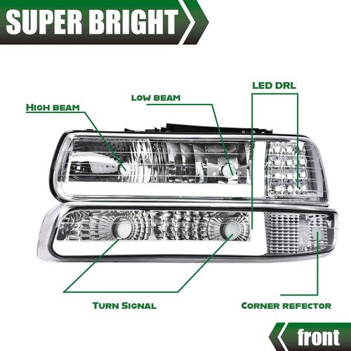 Solid Spare LED DRL Chrome Headlights+bumper Lamps Fit For 99-02 Chevy Silverado 00-06 Tahoe