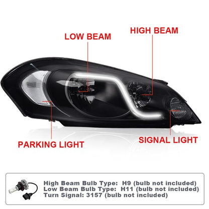 Solid Spare LED DRL Black Headlights Left+Right Fit For 2006-2016 Chevy Impala/Monte Carlo
