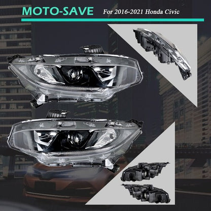 Solid Spare Black Front Headlight Assembly Clear Lens LH+RH Pair For Honda Civic 2016-2021
